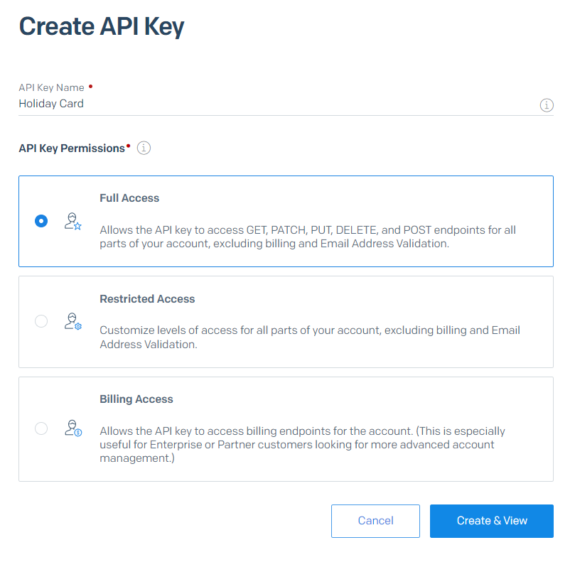 Create API Key window. The user can set the name and permissions for the API Key