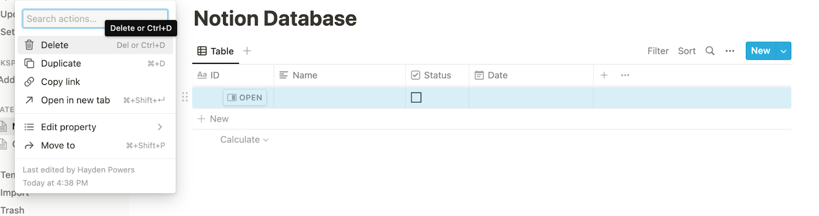 How to delete a row in a notion database