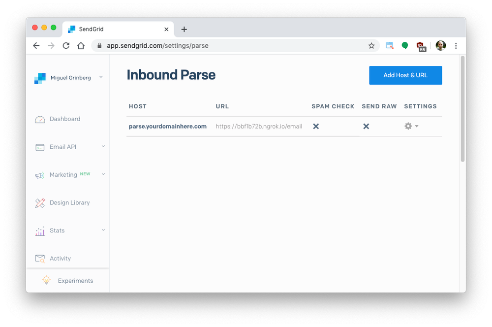 The Inbound Parse page with everything configured