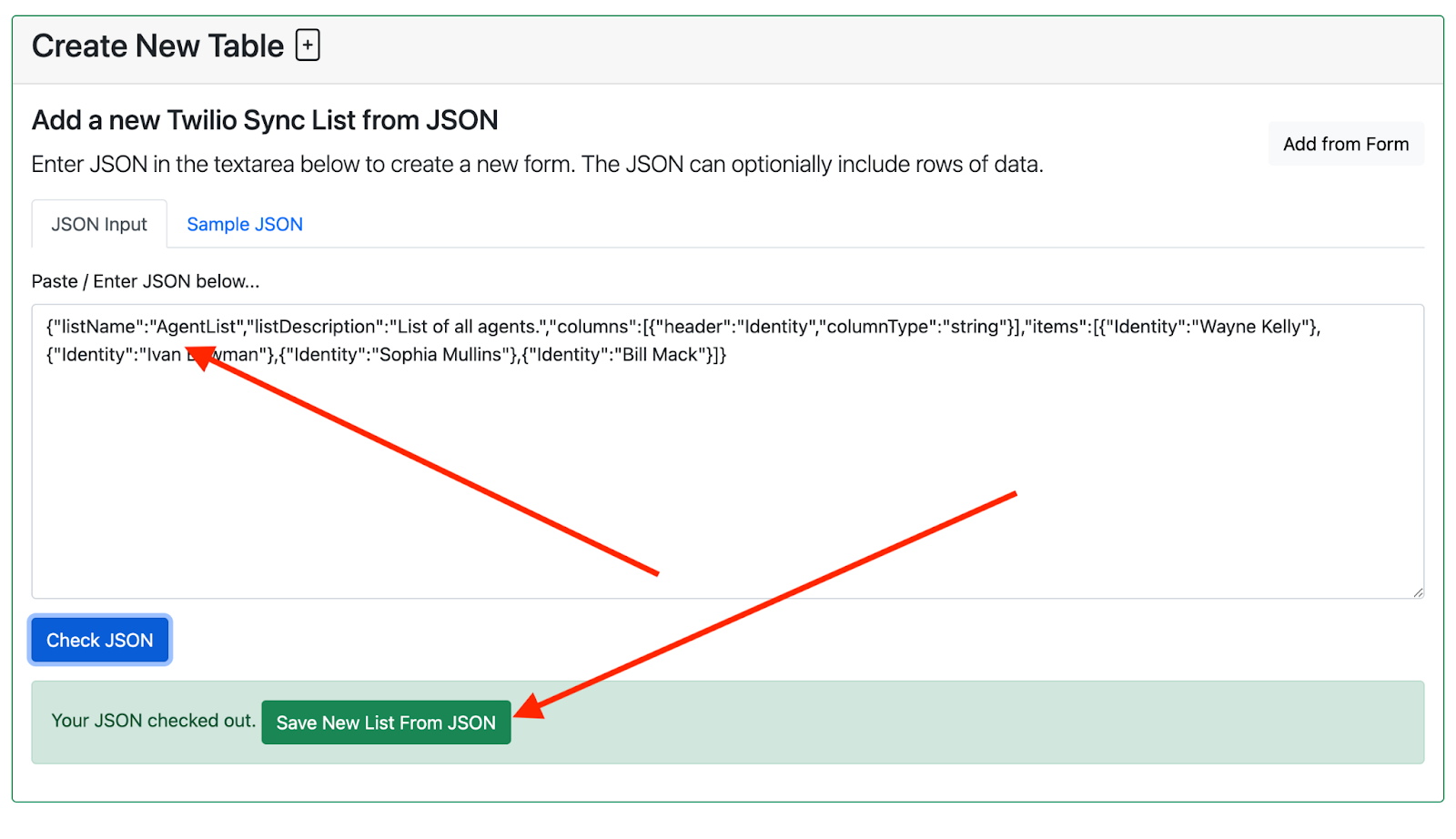 Save a JSON entered list