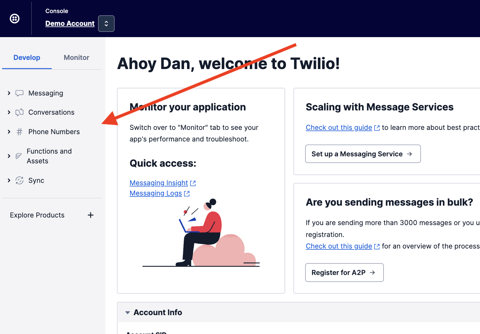 Phone Numbers in the Twilio Console sidebar