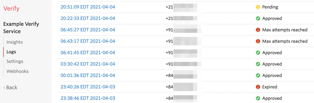 Logs showing verification attempt statuses like pending, approved, and max attempts reached JP