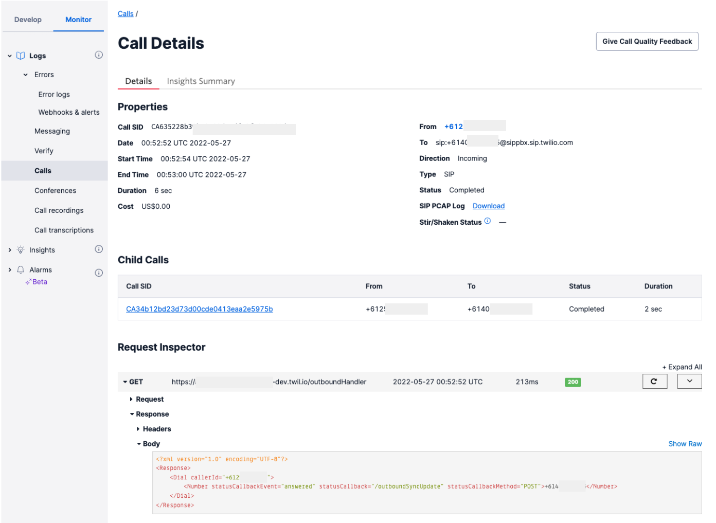 Twilio Call Details screen showing information on the phone call that occurred.