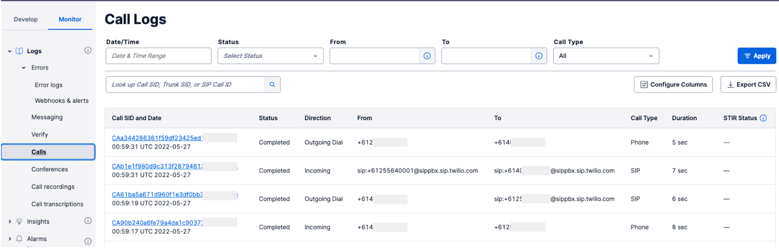 Twilio Call Logs listing out calls coming in via SIP and going out via SIP.