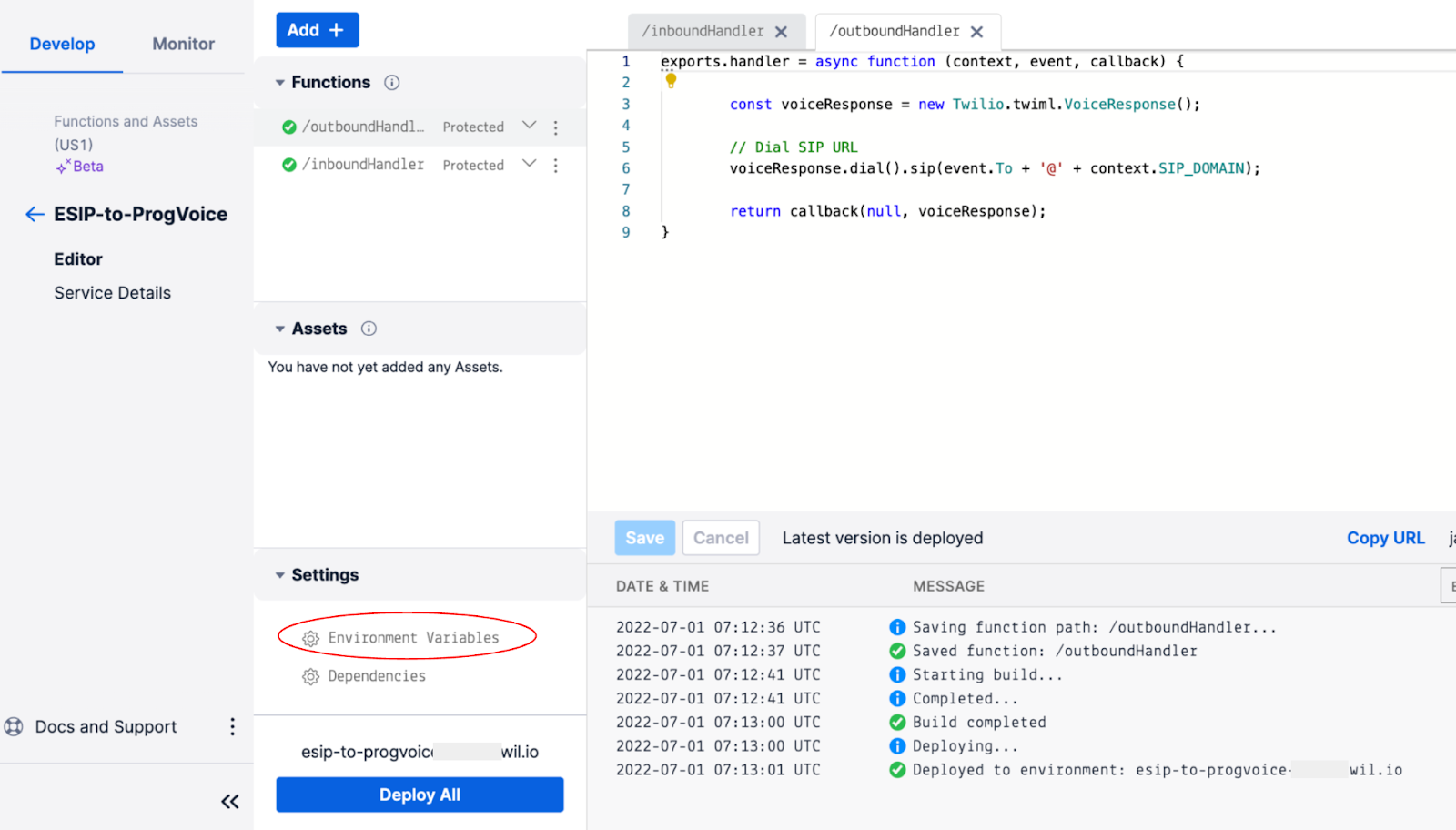 Outbound Function with new code and Environment variable link highlighted