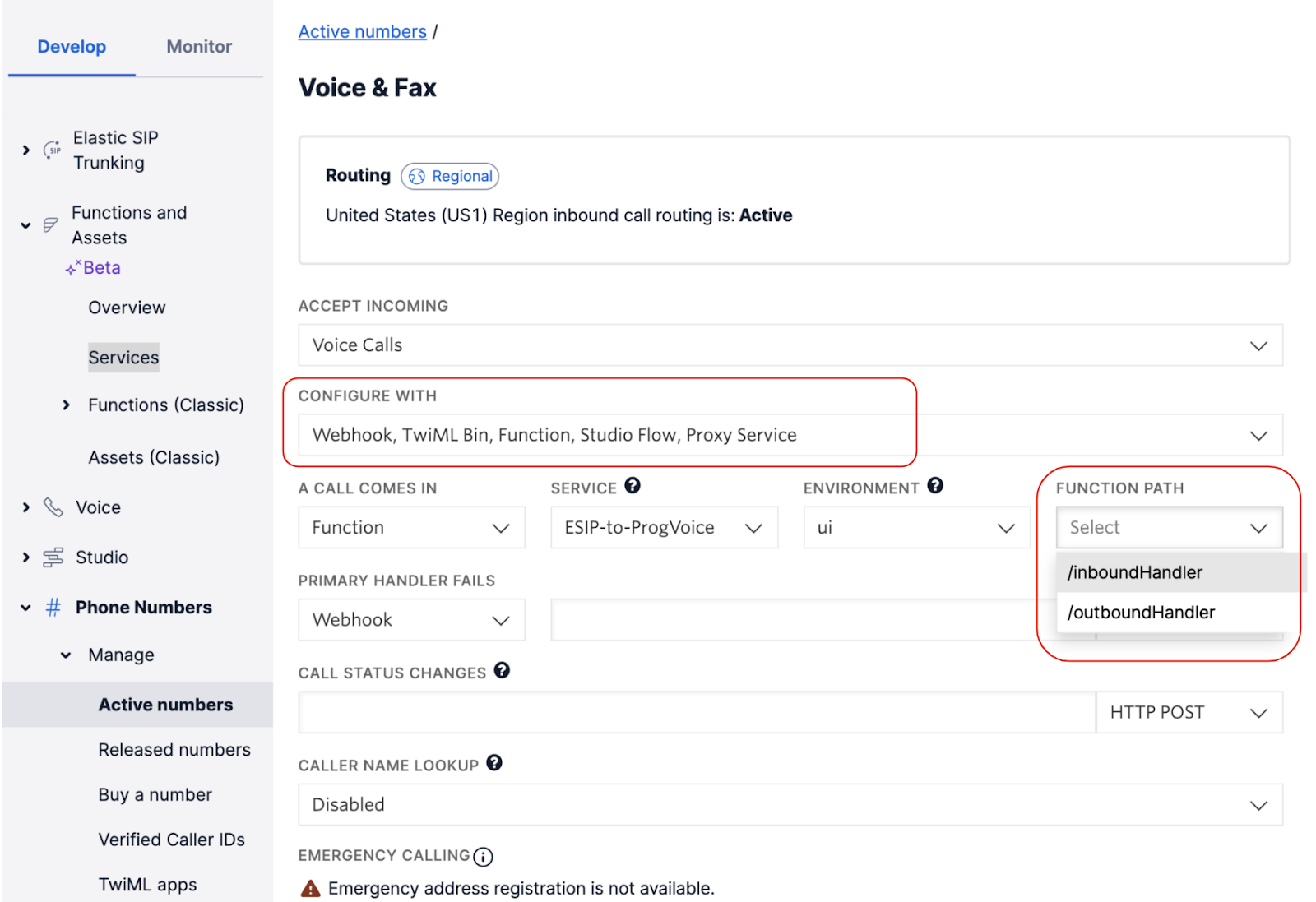 Twilio phone number shown using the outboundHandler function