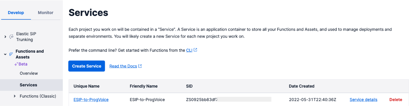 New Function Service created by clicking the Create Service button. This shows the ESIP-to-ProgVoice service already created.