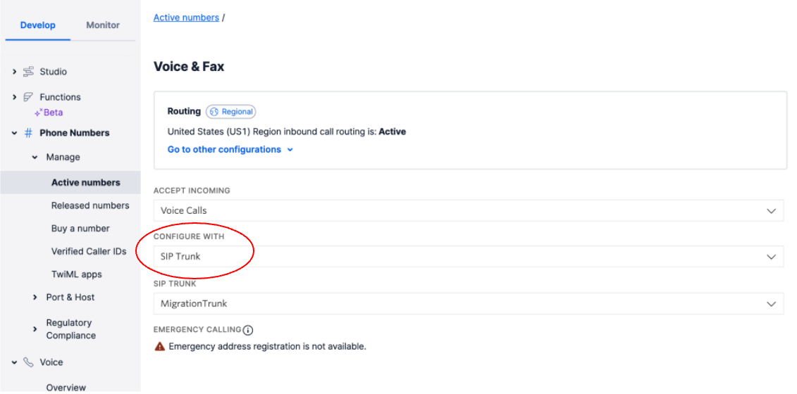 Twilio Phone Number configured with "SIP Trunk" and the "SIP Trunk" dropdown is set to "MigrationTrunk"