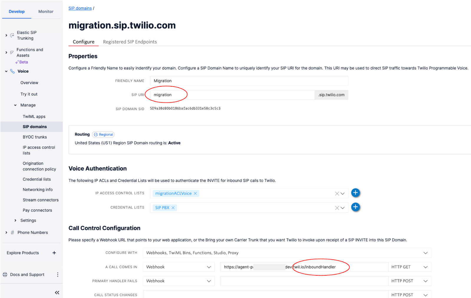 SIP Domain showing the domain name and the Inbound handler function