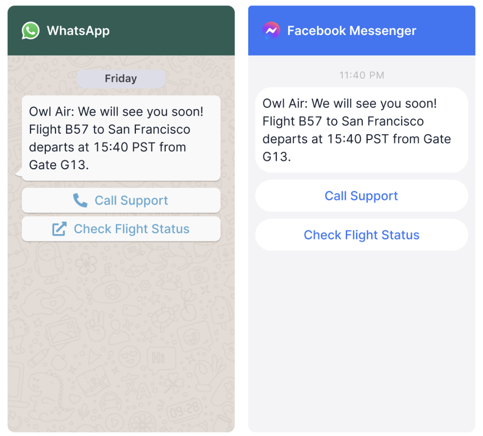 Screenshots of WhatsApp and Facebook Messenger messages with Call to Action buttons