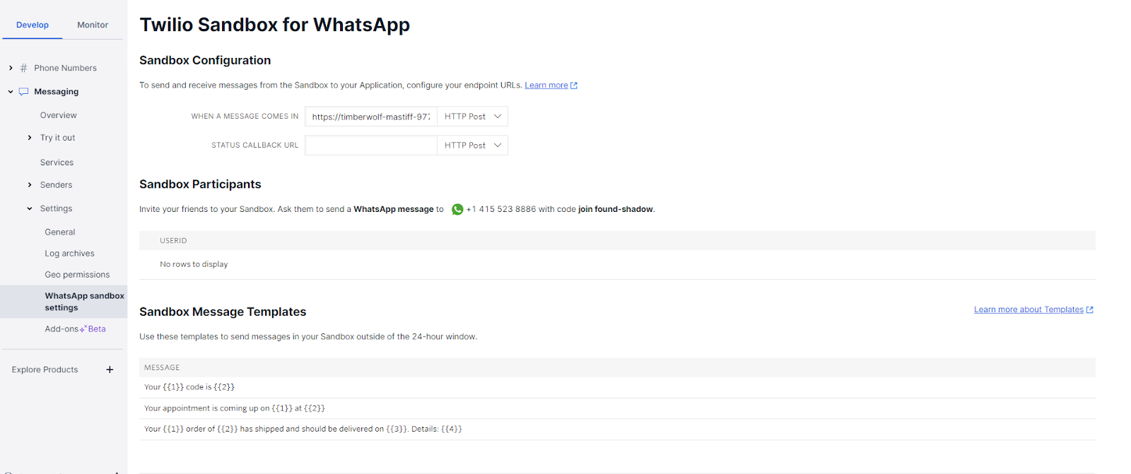 Twilio WhatsApp Sandbox settings page