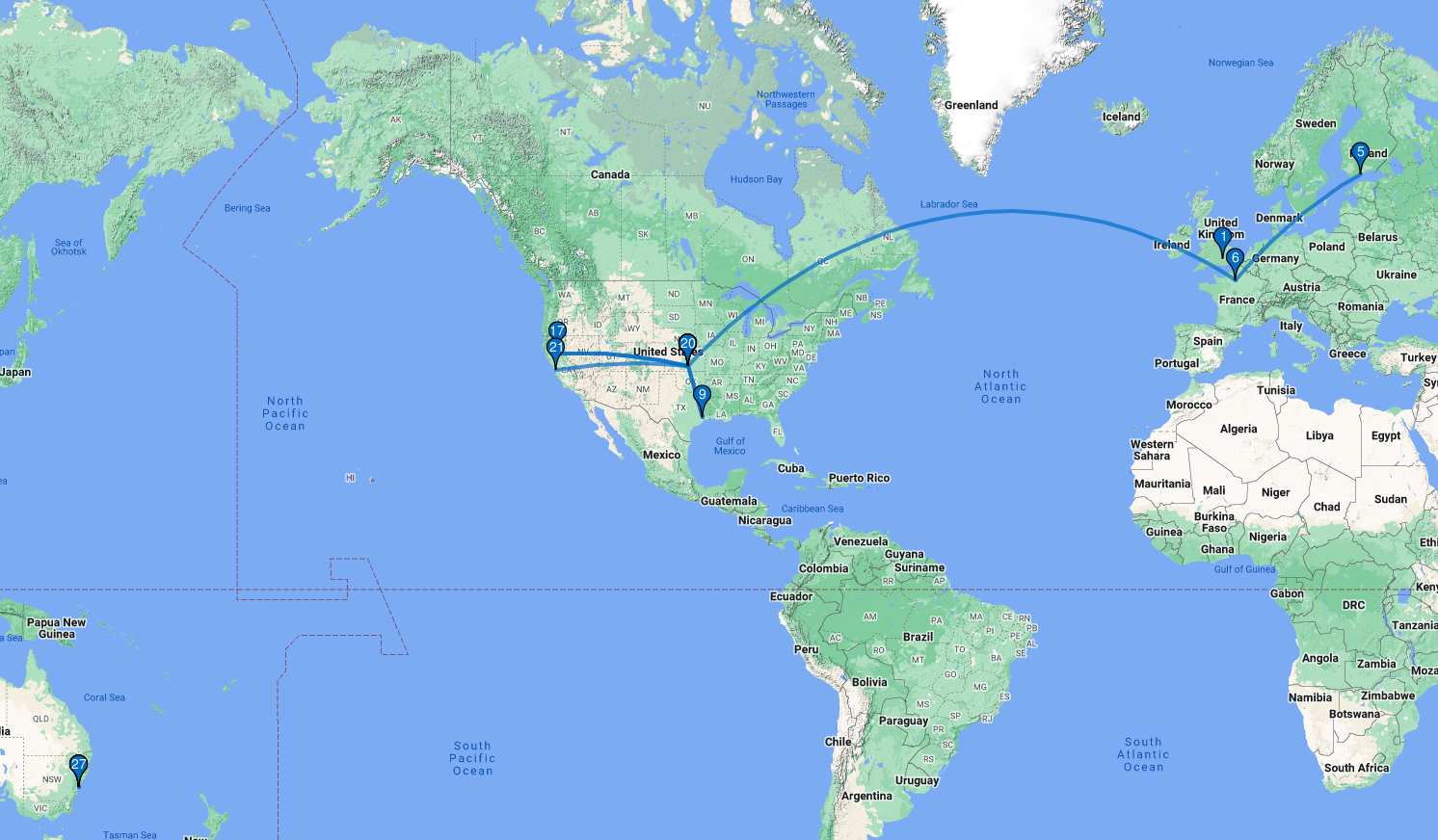 Map of Earth showing the Americas, part of Europe and Africa. The map shows a route that jumps between states in the USA and between countries in Europe and a route between USA and France.