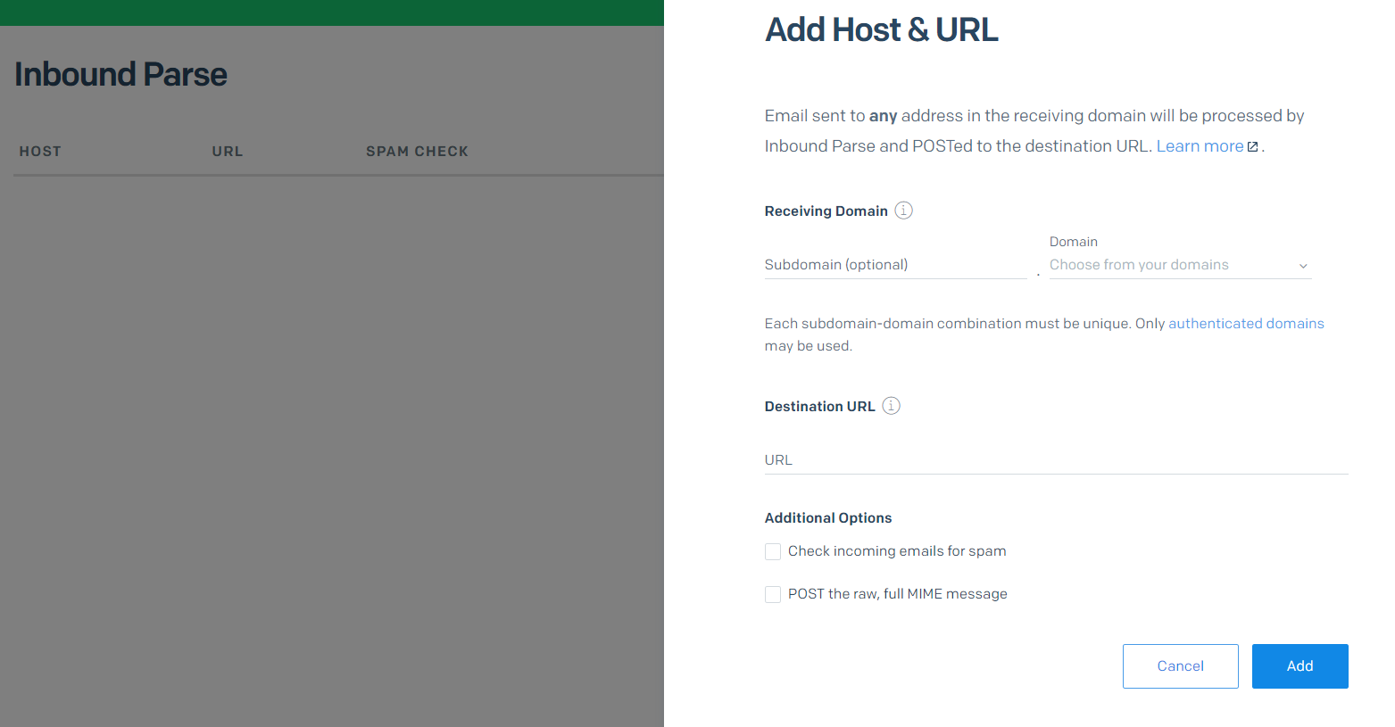 Add Host & URL form with a subdomain text field, a domain dropdown field, and a destination URL text field.