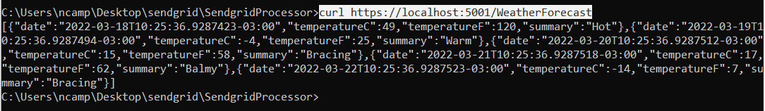 Terminal window running the command: curl https://localhost:5001/WeatherForecast. The command returns JSON.