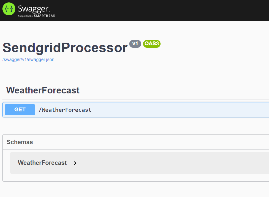 Swagger API explorer listing a single endpoint which can be requested using HTTP GET at the path /WeatherForecast