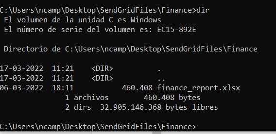 "dir" command run into a terminal in the "SendGridFilesFinance" folder. The output of the command shows a file "finance_report.xlsx".