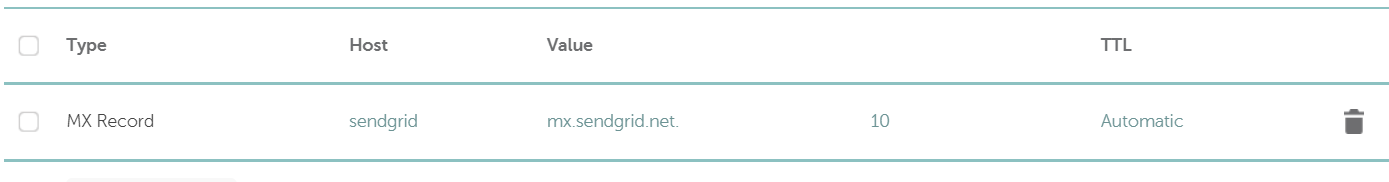 DNS record of type MX specified for the new subdomain pointing to mx.sendgrid.net