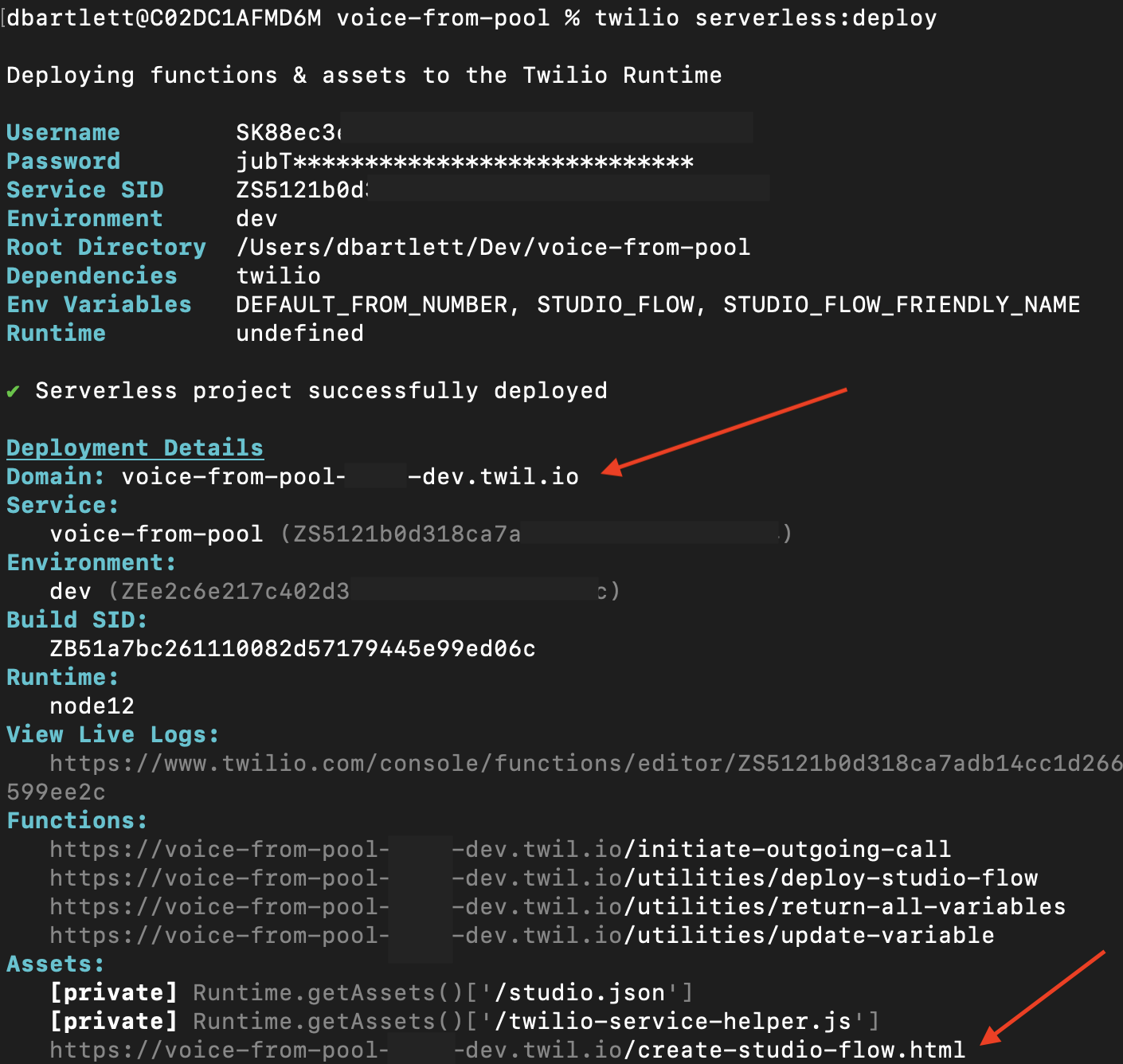 Twilio CLI output showing where to find values
