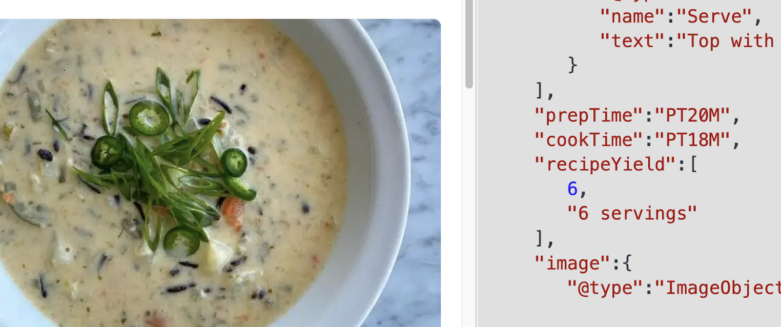 picture of soup with developer tools open that shows cookTime and prepTime with ISO 8601 duration formats