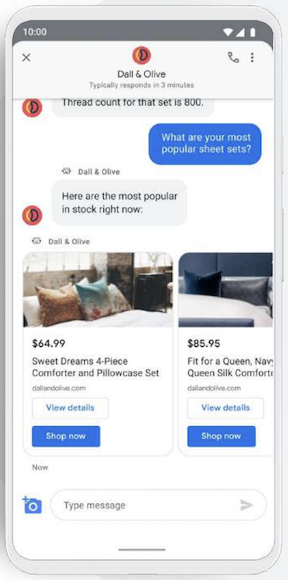 Screenshot of Google"s Business Messages chat showing product catalog