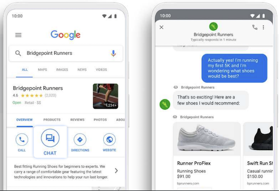Two mobile phone screenshots, one showing a Google search result for a business called "Bridgeport Runners", and the second showing a Google Business Messages chat with Bridgeport Runners