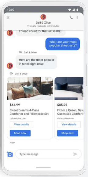 Screenshot of Google's Business Messages chat showing product catalog