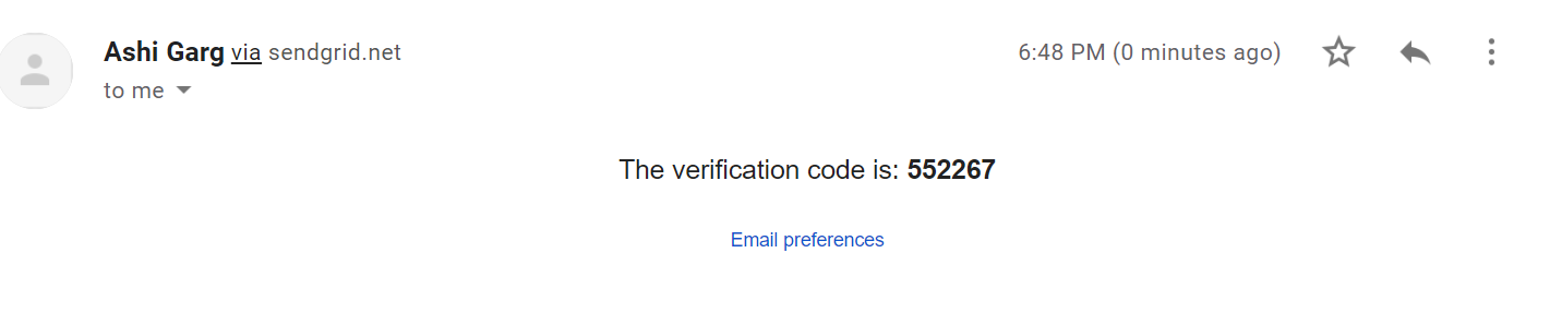 Email received via sendgrid showing verification code