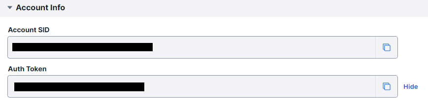 Account Info box with two read-only fields "Account SID" and "Auth Token"