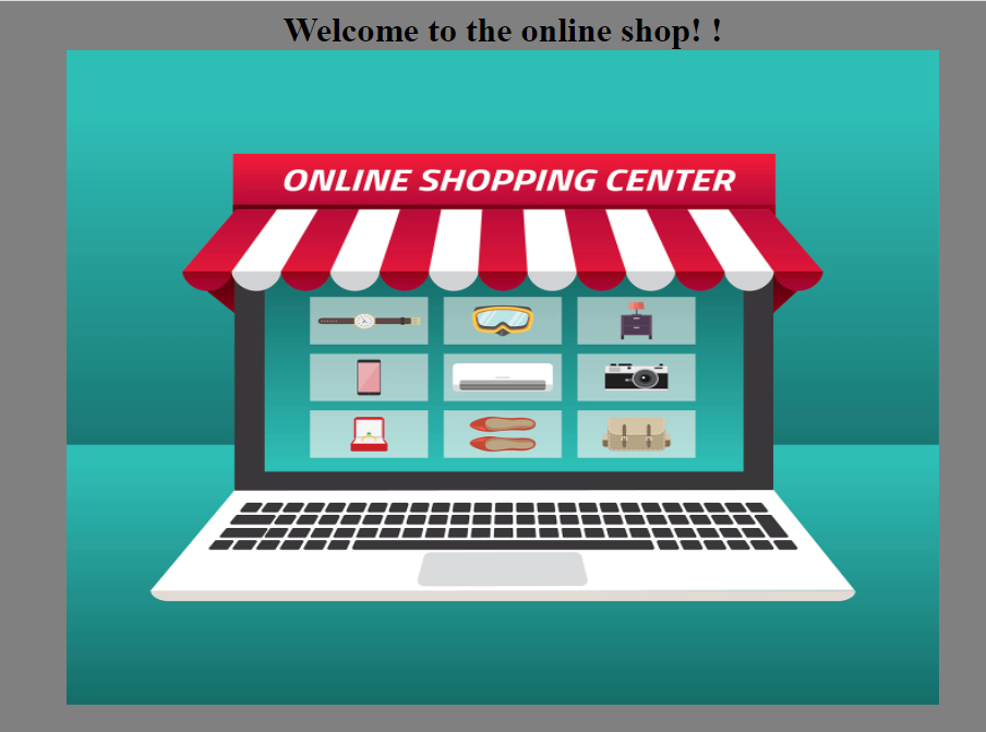 Home page with graphic of a laptop modeled as a storefront labeled "online shopping center".