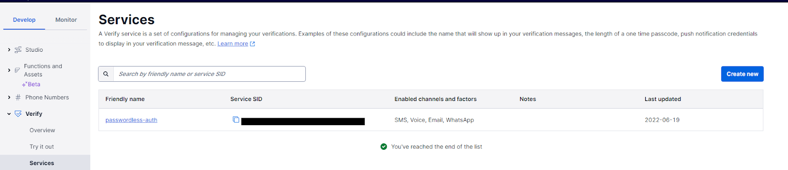 Twilio Services page displaying a verify service with read only field "Service SID"