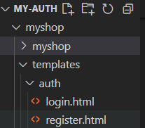 File explorer showing directories named myshop, templates and auth in the myshop directory