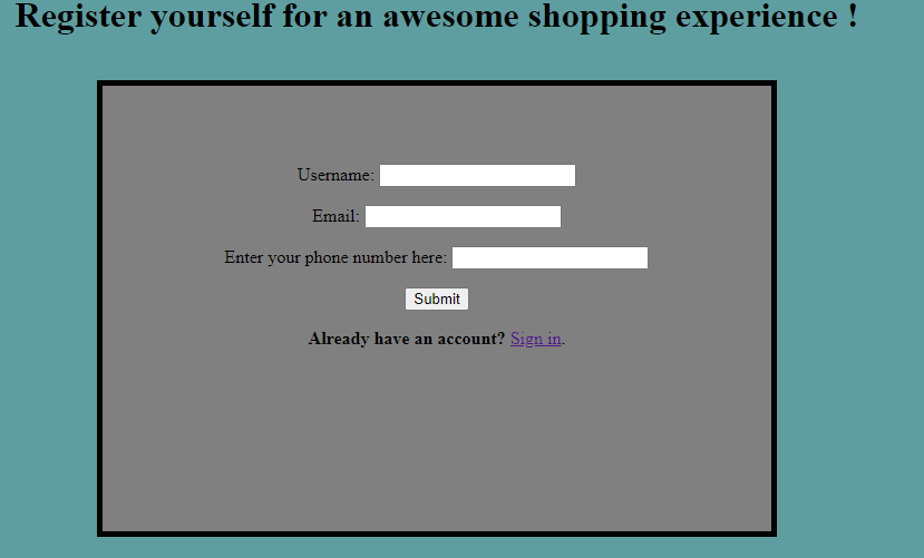 Registration page prompting users to enter their username, email, and phone number