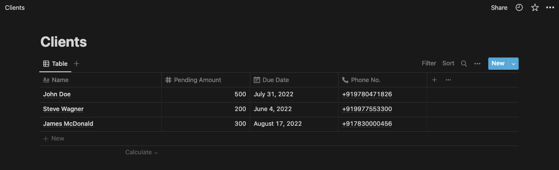 Clients Table in Notion