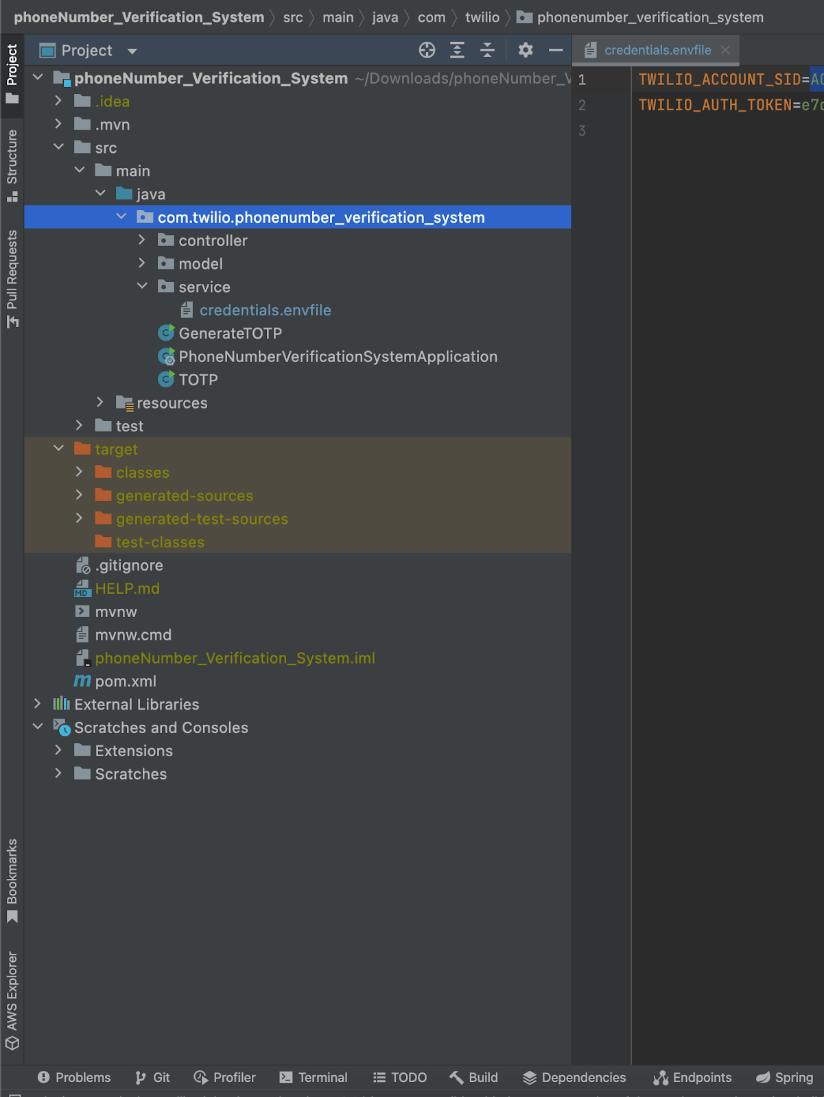 image showing a credential file used to store Twilio credentials in a springboot application