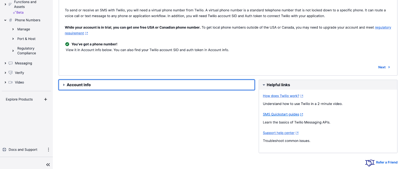 image showing Twilio account SID and auth token