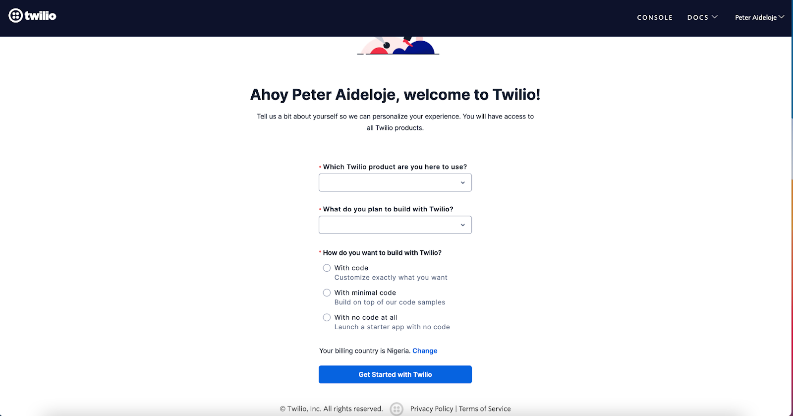 image showing welcome message on successful twilio account sign-up