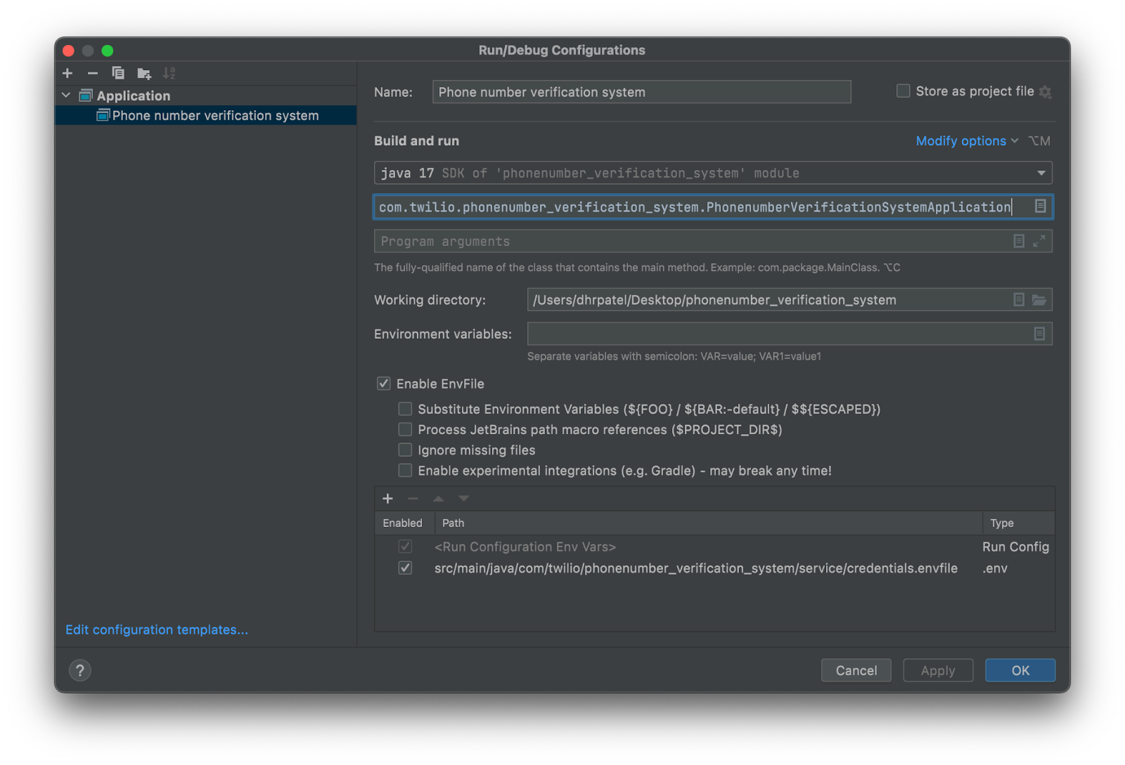 set environment variables for the project with envfile