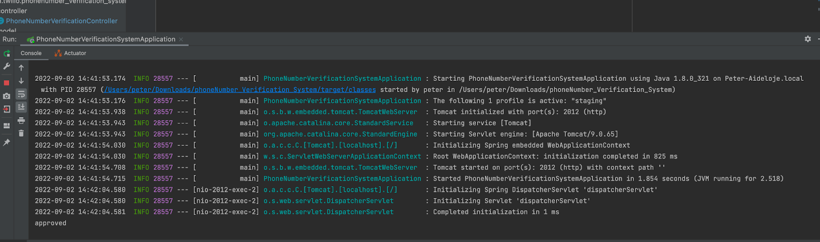 image showing approval response on IntelliJ IDE terminal after testing Twilio verify api on postman