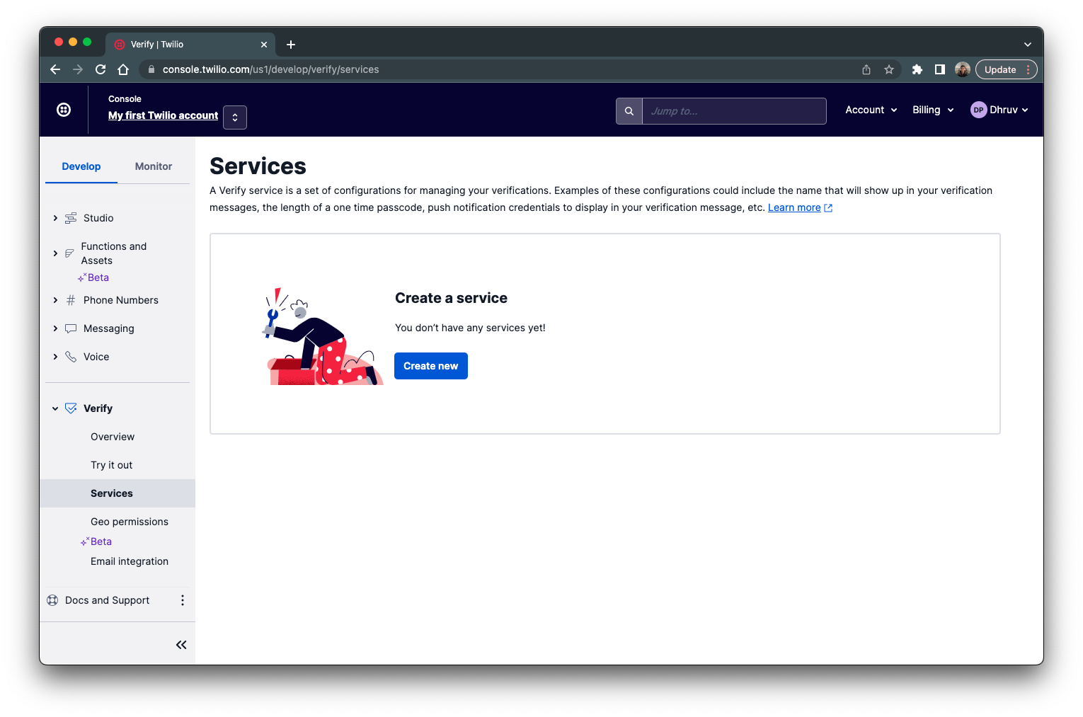 Services page within the Twilio Verify section