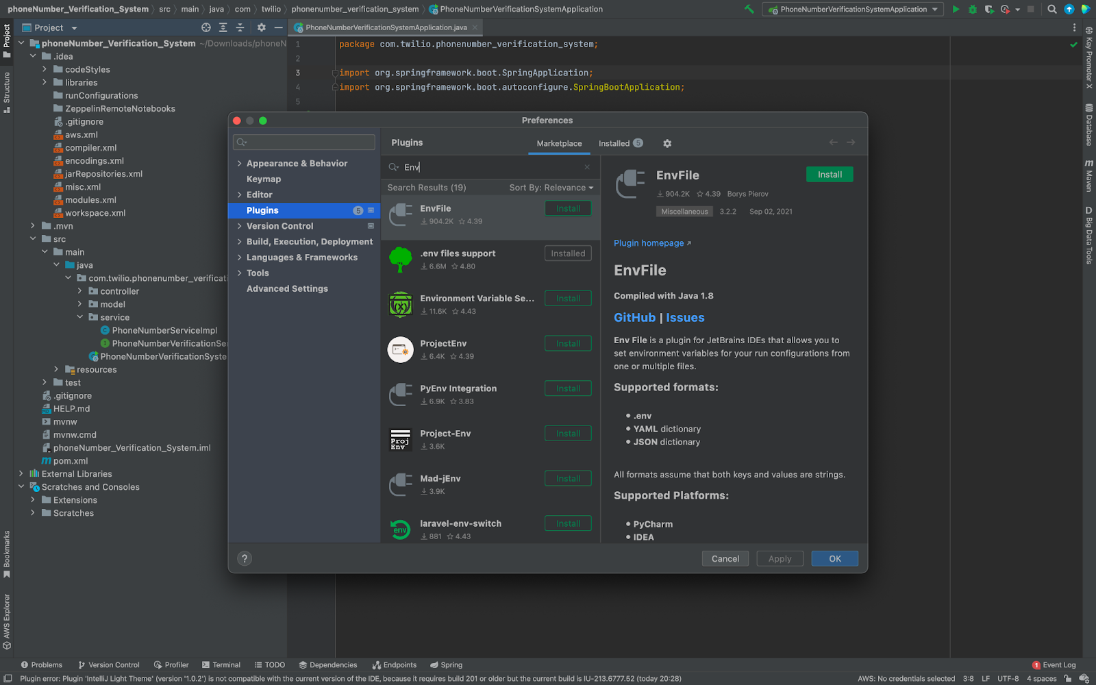 image showing environment variable plugin setup of a springboot application