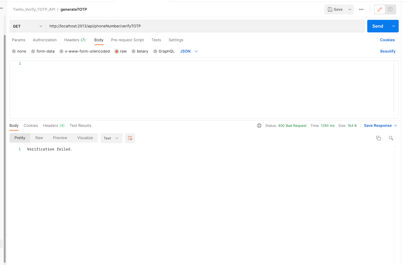 image showing error response gotten from a GET method test of verifyTOTP endpoint