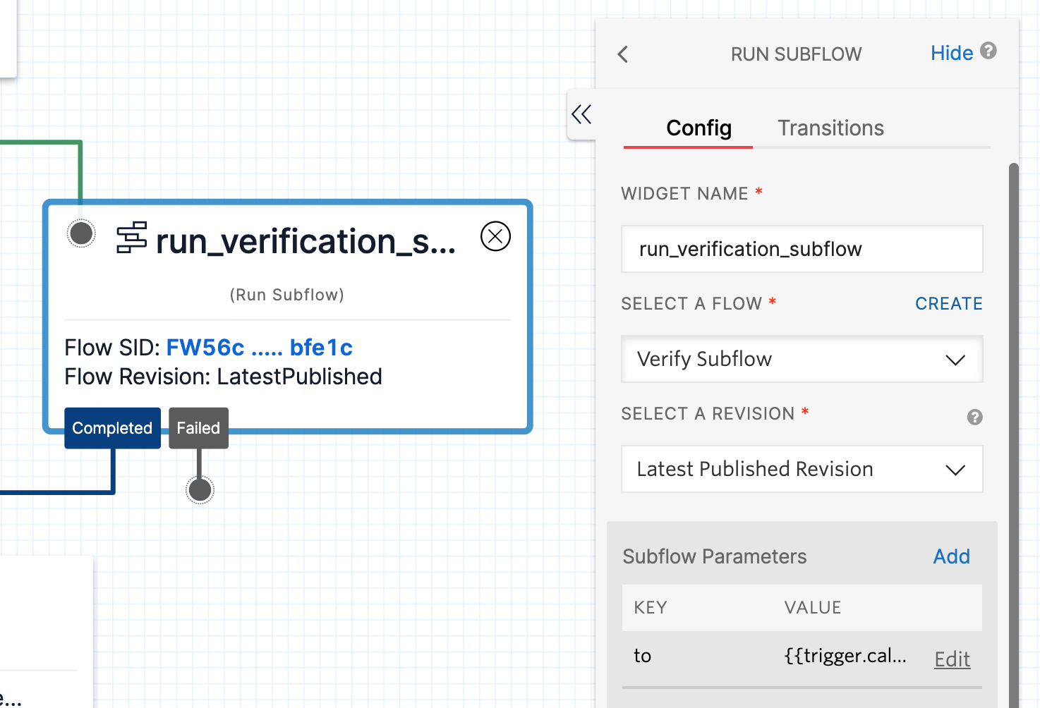 screenshot showing verification subflow selected from parent flow in studio dashboard