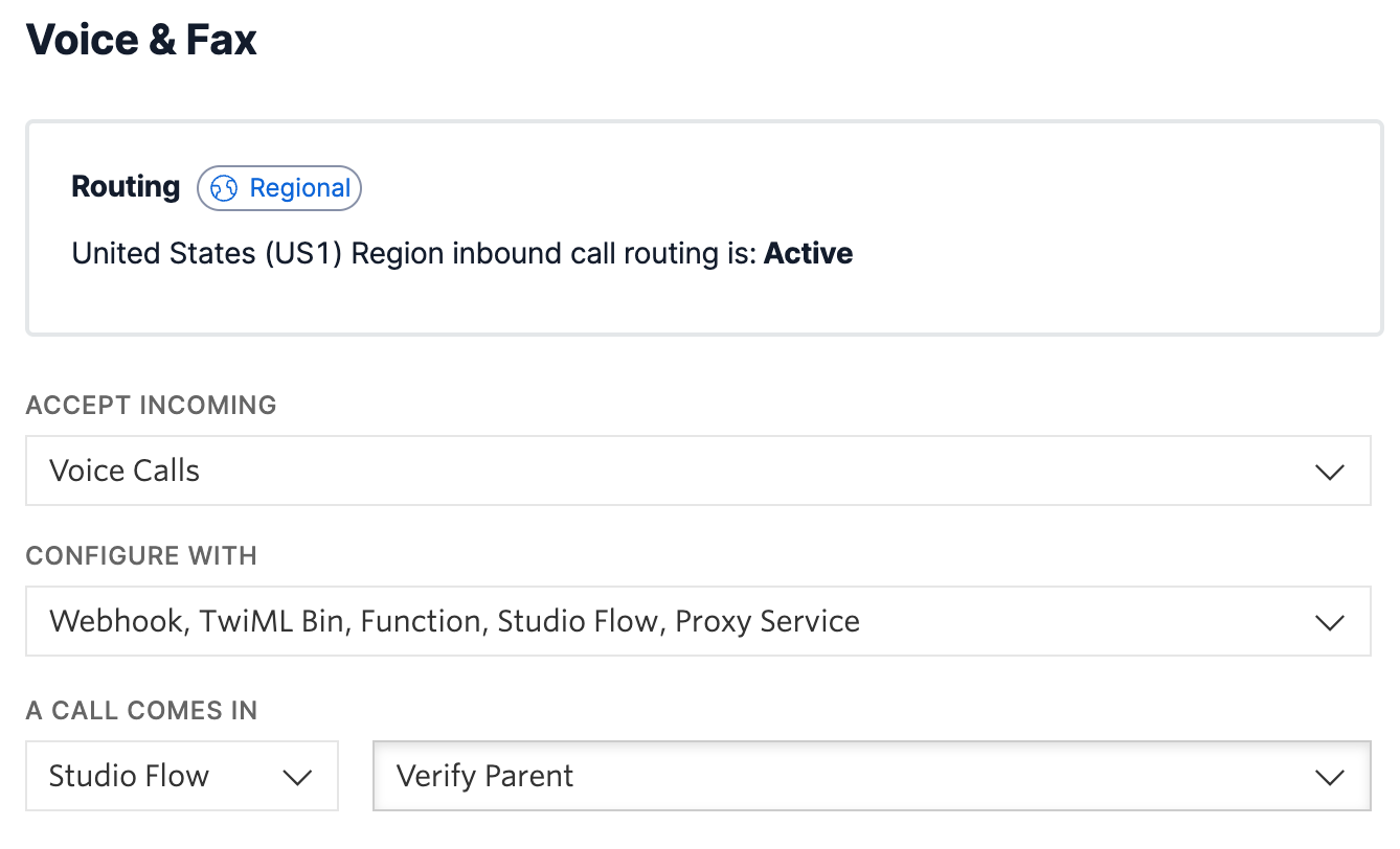 screenshot of twilio phone number console settings with verify parent studio flow selected