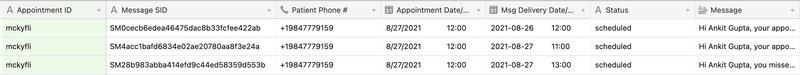 Screenshot of system of record showing appointment ID, appointment date/time, scheduled message delivery date/time, status, and message