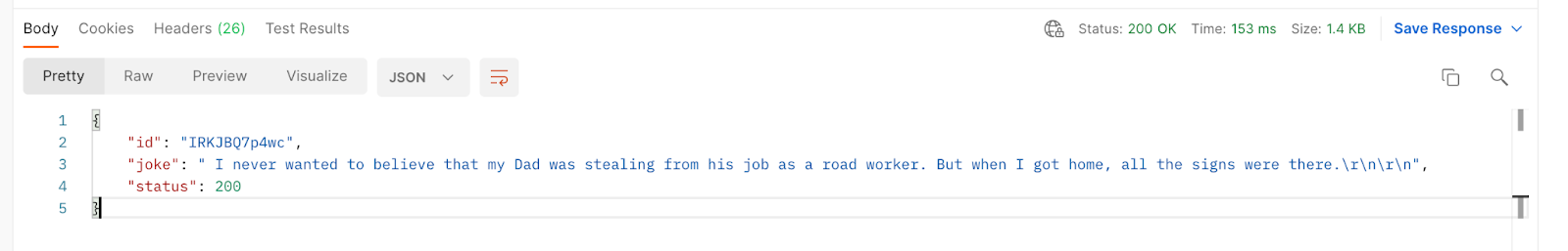 Screenshot showing response with joke inside postman