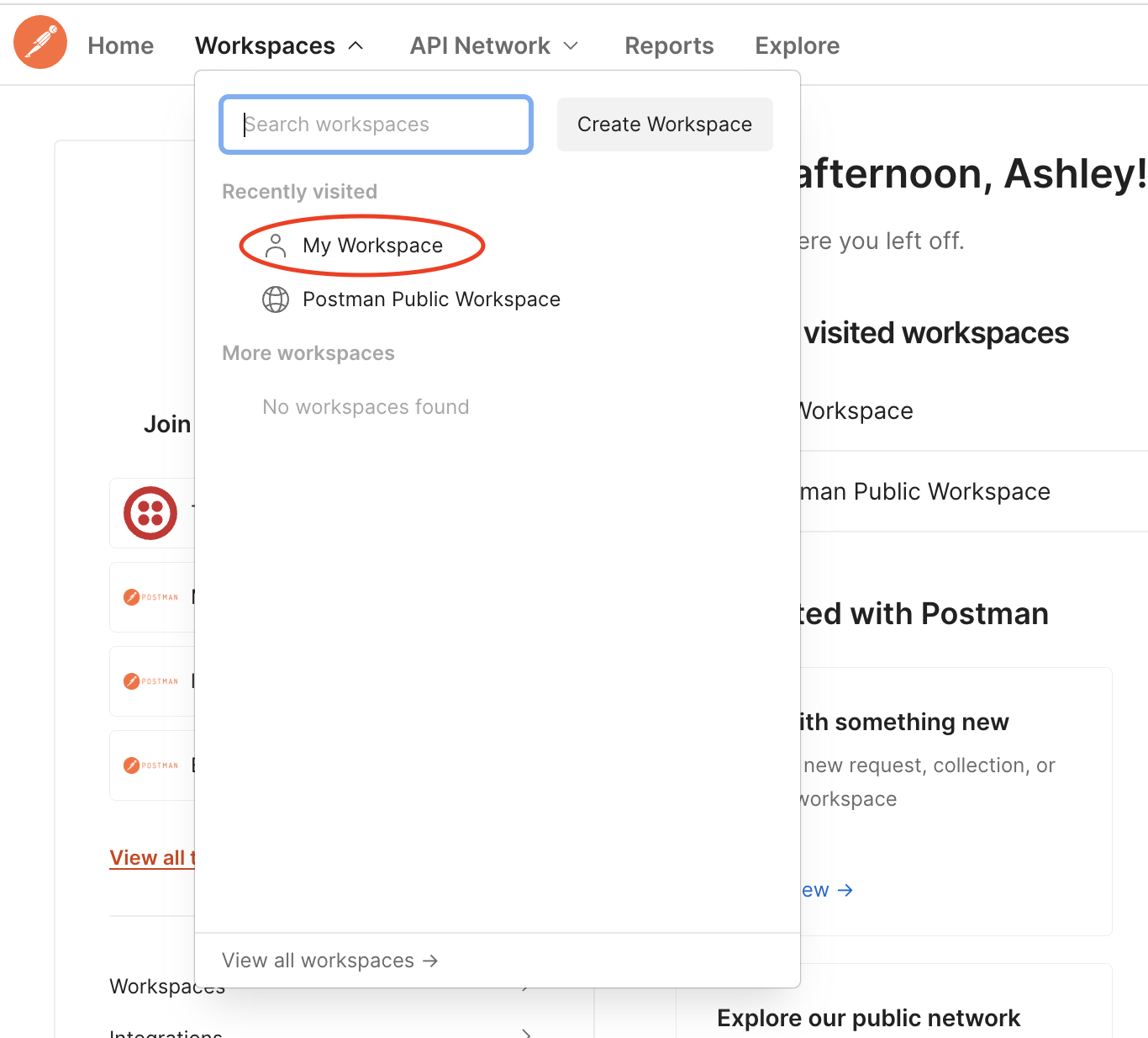 Screenshot showing how to find your workspaces in postman web app