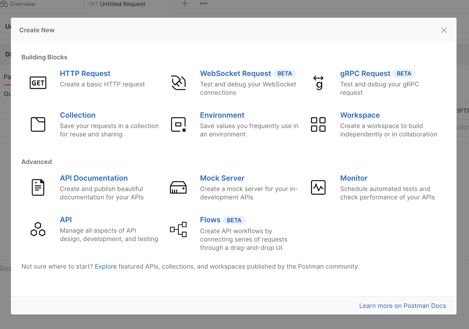 Screenshot showing "create new" menu in postman