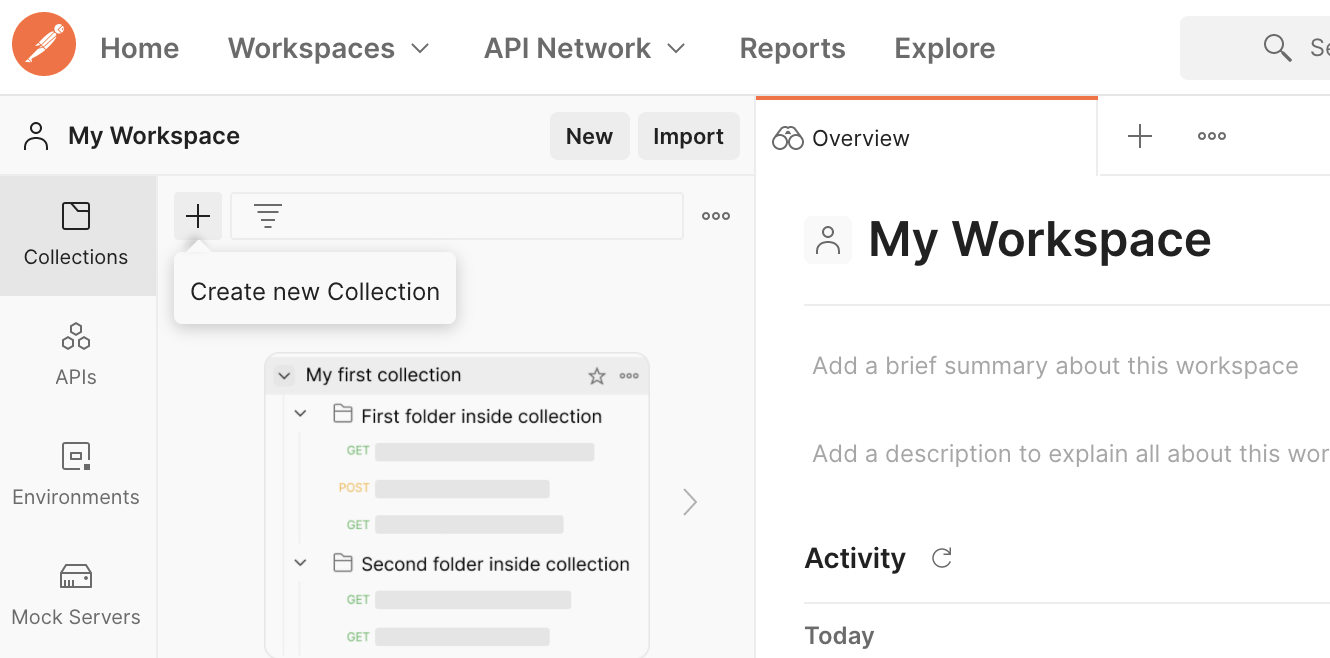 Screenshot showing how to create a collection in the postman webapp
