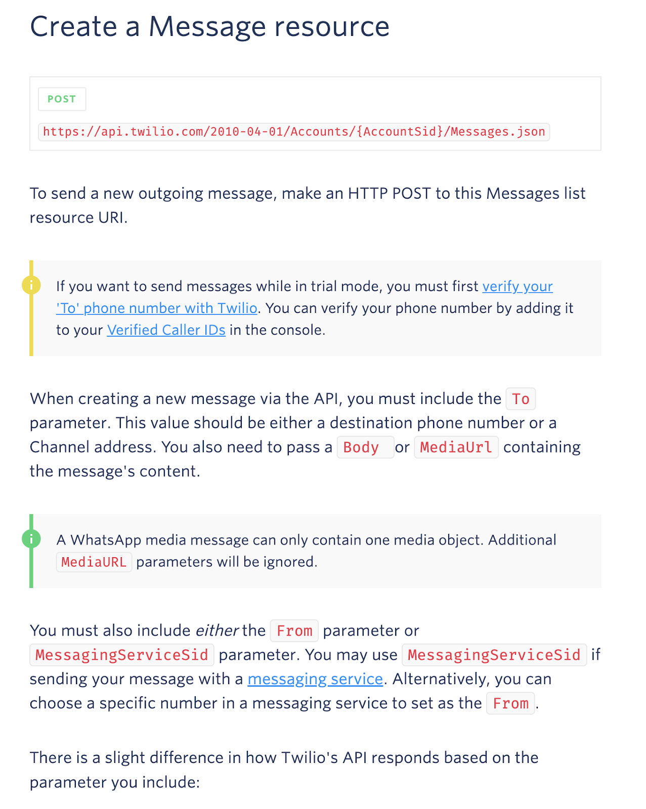 Screenshot of Twilio Programmable SMS Create a Message resource documentation