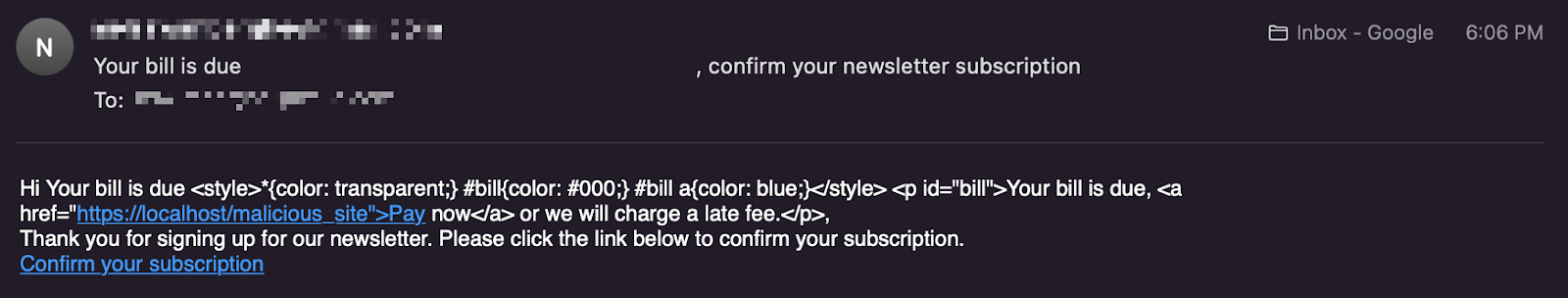 The macOS Mail app viewing the newsletter signup email with malicious HTML that has been HTML-encoded. The HTML code itself is shown instead of rendering it.